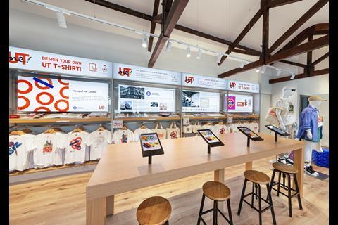 Interior of Uniqlo Covent Garden store showing T-shirts on display
